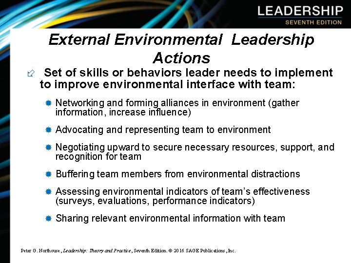 External Environmental Leadership Actions ÷ Set of skills or behaviors leader needs to implement