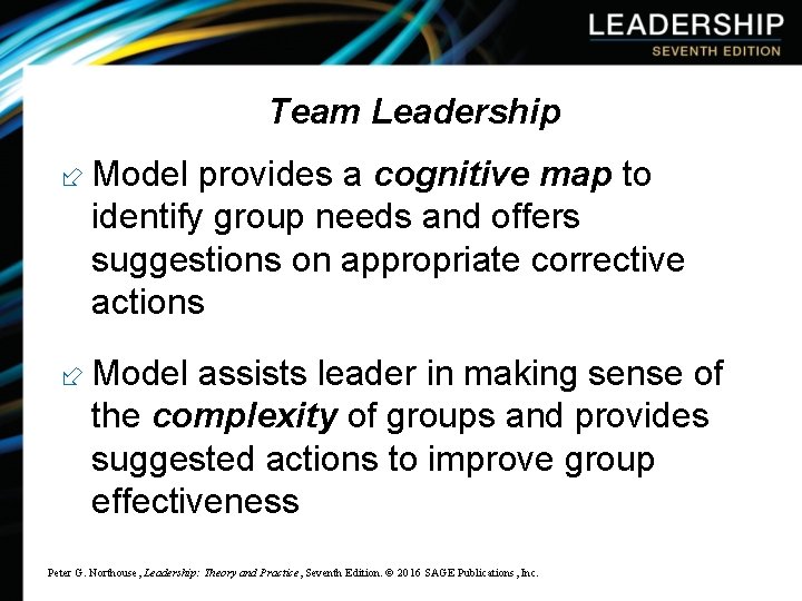 Team Leadership ÷ Model provides a cognitive map to identify group needs and offers