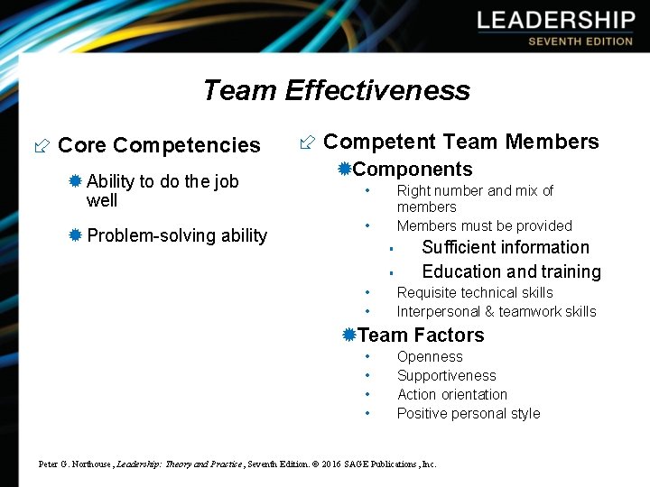 Team Effectiveness ÷ Core Competencies ® Ability to do the job well ® Problem-solving