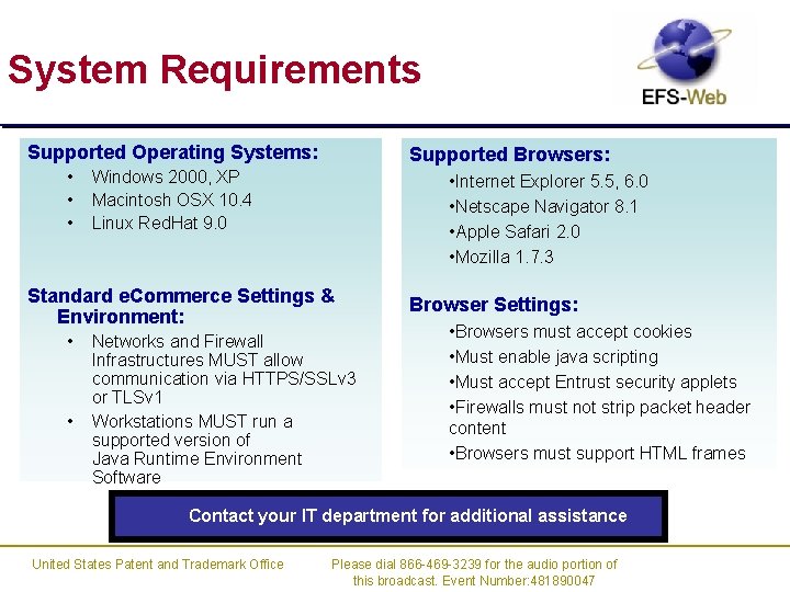 System Requirements Supported Operating Systems: • • • Supported Browsers: Windows 2000, XP Macintosh