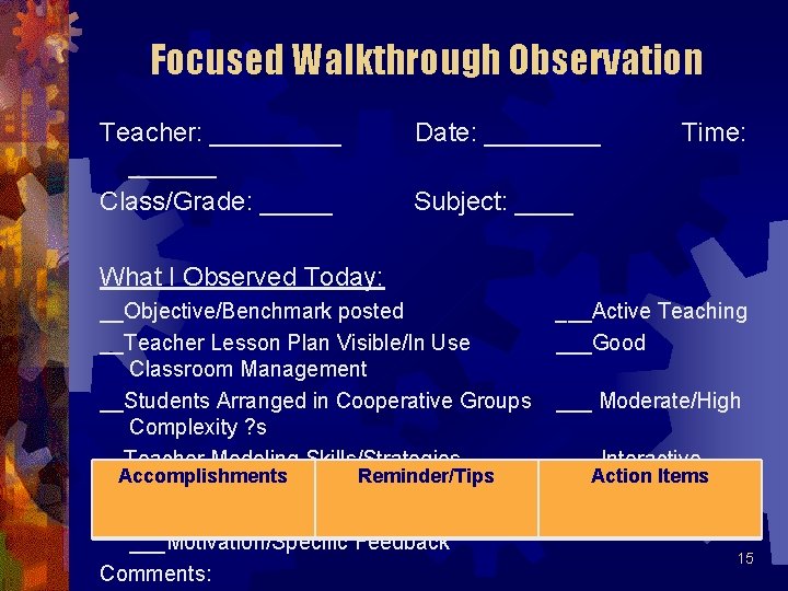 Focused Walkthrough Observation Teacher: ______ Class/Grade: _____ Date: ____ Time: Subject: ____ What I