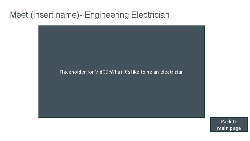 Meet (insert name)- Engineering Electrician Placeholder for Vid 03: What it’s like to be Meet (insert name)- Engineering Electrician Placeholder for Vid 03: What it’s like to be