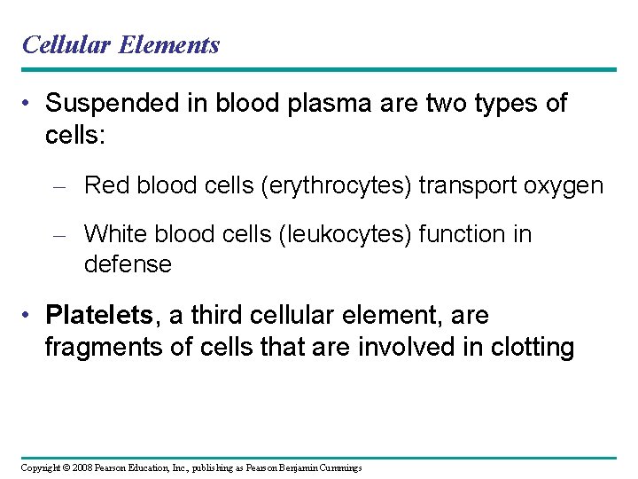 Cellular Elements • Suspended in blood plasma are two types of cells: – Red