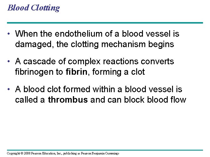 Blood Clotting • When the endothelium of a blood vessel is damaged, the clotting