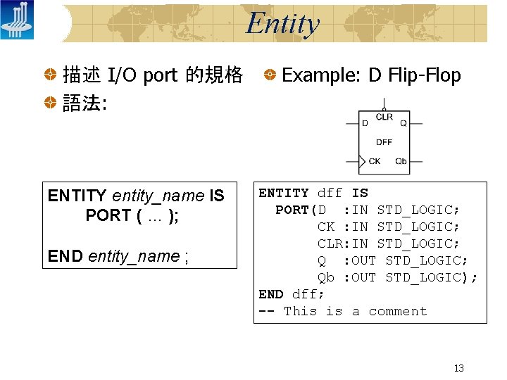 Entity 描述 I/O port 的規格 語法: ENTITY entity_name IS PORT ( … ); END