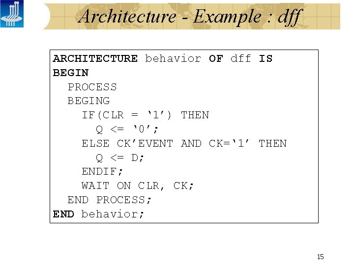 Architecture - Example : dff ARCHITECTURE behavior OF dff IS BEGIN PROCESS BEGING IF(CLR