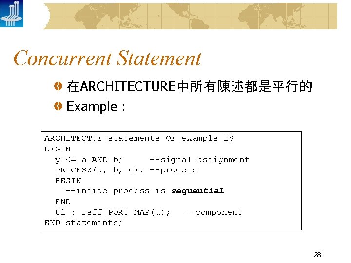 Concurrent Statement 在ARCHITECTURE中所有陳述都是平行的 Example : ARCHITECTUE statements OF example IS BEGIN y <= a