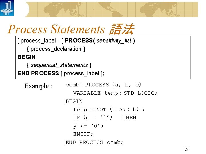 Process Statements 語法 [ process_label：] PROCESS( sensitivity_list ) { process_declaration } BEGIN { sequential_statements