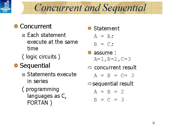 Concurrent and Sequential Concurrent Each statement execute at the same time ( logic circuits