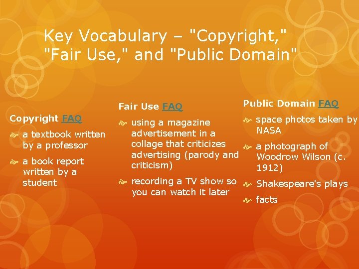 Key Vocabulary – "Copyright, " "Fair Use, " and "Public Domain" Fair Use FAQ