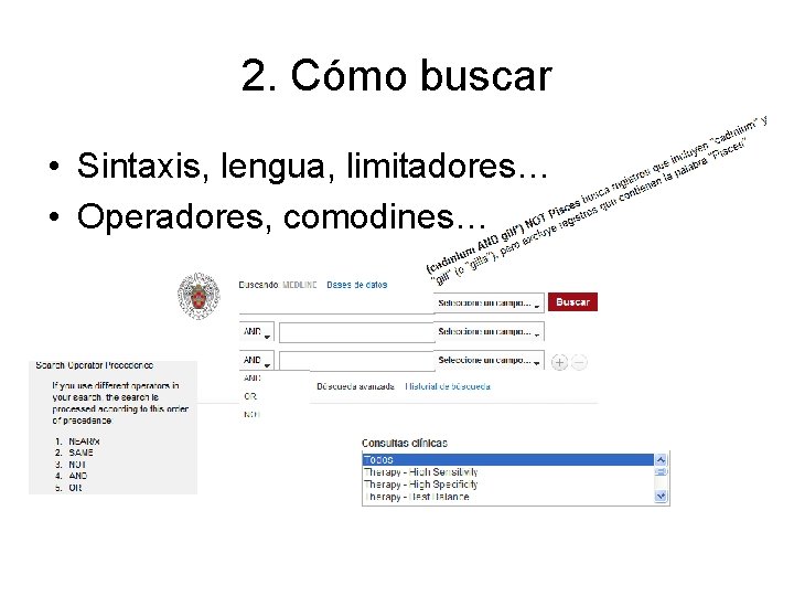 2. Cómo buscar • Sintaxis, lengua, limitadores… • Operadores, comodines… 2. Cómo buscar • Sintaxis, lengua, limitadores… • Operadores, comodines…