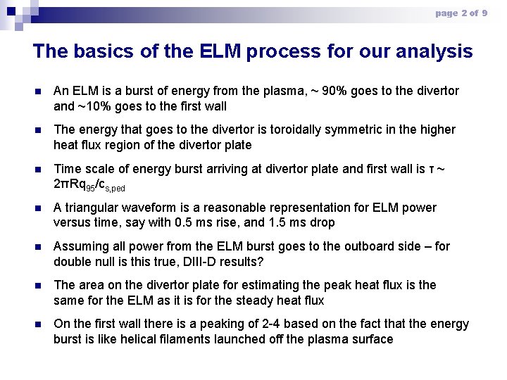 page 2 of 9 The basics of the ELM process for our analysis n