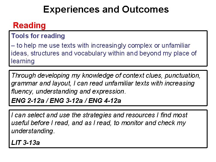 Experiences and Outcomes Reading Tools for reading – to help me use texts with