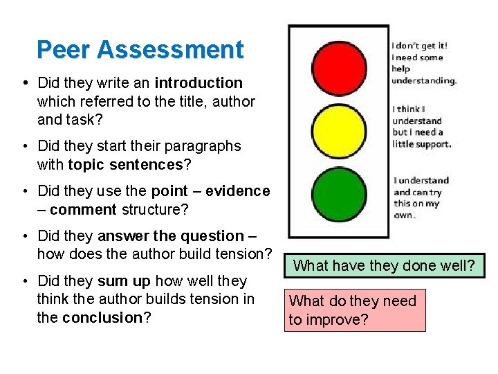 Peer Assessment • Did they write an introduction which referred to the title, author