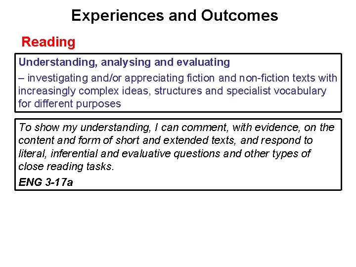 Experiences and Outcomes Reading Understanding, analysing and evaluating – investigating and/or appreciating fiction and