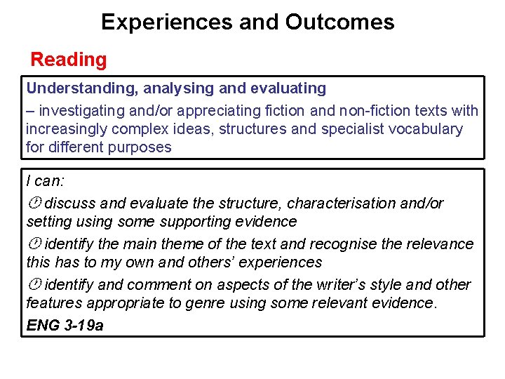 Experiences and Outcomes Reading Understanding, analysing and evaluating – investigating and/or appreciating fiction and