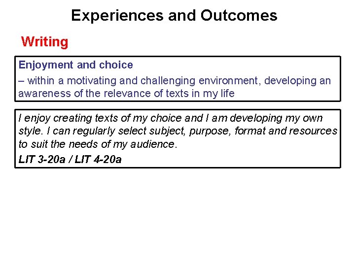 Experiences and Outcomes Writing Enjoyment and choice – within a motivating and challenging environment,