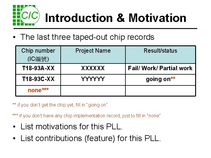 Introduction & Motivation • The last three taped-out chip records Chip number (IC編號) Project