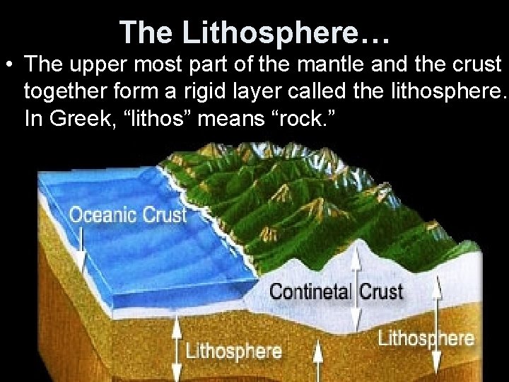 The Lithosphere… • The upper most part of the mantle and the crust together