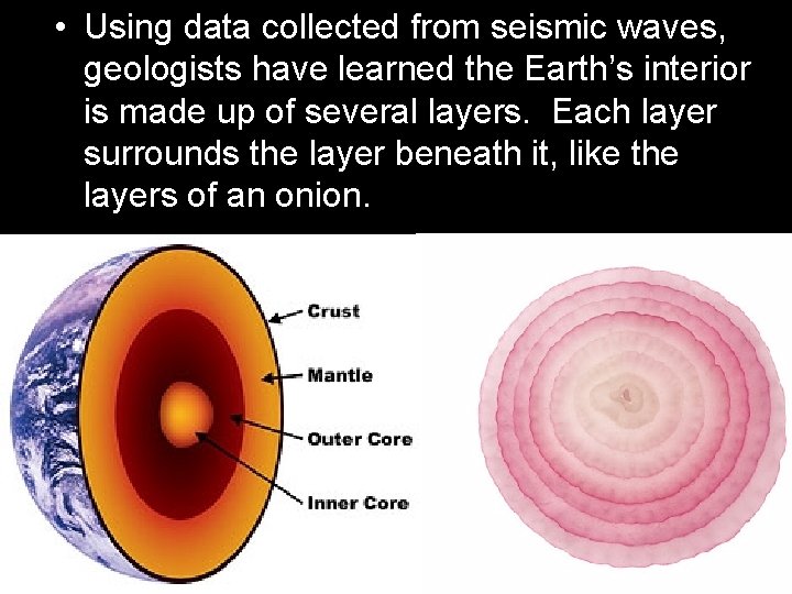  • Using data collected from seismic waves, geologists have learned the Earth’s interior