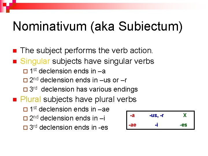 Nominativum (aka Subiectum) n n The subject performs the verb action. Singular subjects have