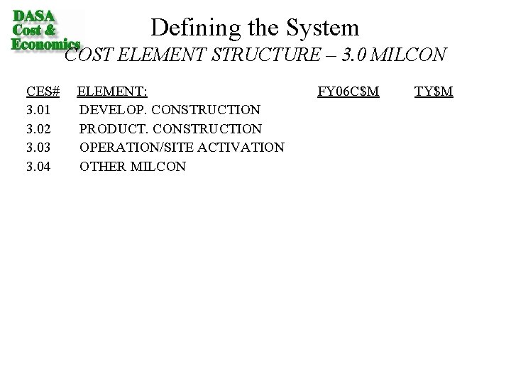 Defining the System COST ELEMENT STRUCTURE – 3. 0 MILCON CES# ELEMENT: FY 06