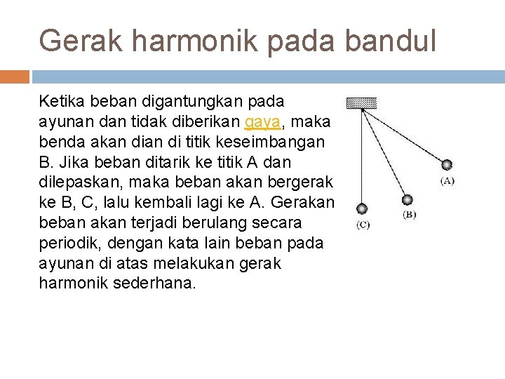 Gerak harmonik pada bandul Ketika beban digantungkan pada ayunan dan tidak diberikan gaya, maka