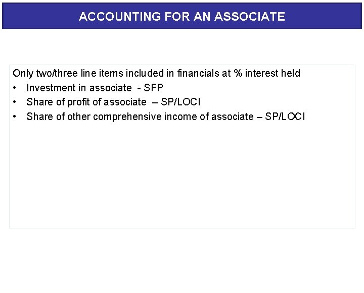 ACCOUNTING FOR AN ASSOCIATE Only two/three line items included in financials at % interest