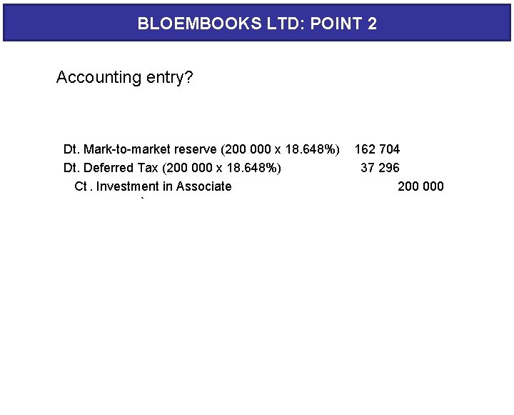 BLOEMBOOKS LTD: POINT 2 Accounting entry? Dt. Mark-to-market reserve (200 000 x 18. 648%)