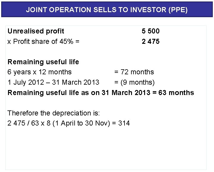 JOINT OPERATION SELLS TO INVESTOR (PPE) Unrealised profit x Profit share of 45% =