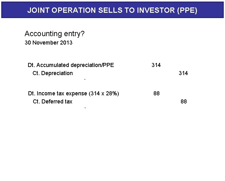 JOINT OPERATION SELLS TO INVESTOR (PPE) Accounting entry? 30 November 2013 Dt. Accumulated depreciation/PPE