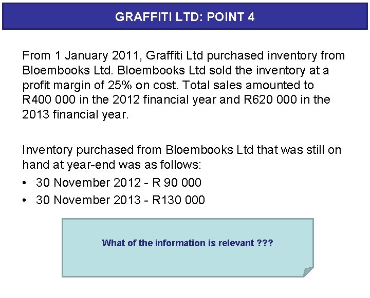 GRAFFITI LTD: POINT 4 From 1 January 2011, Graffiti Ltd purchased inventory from Bloembooks
