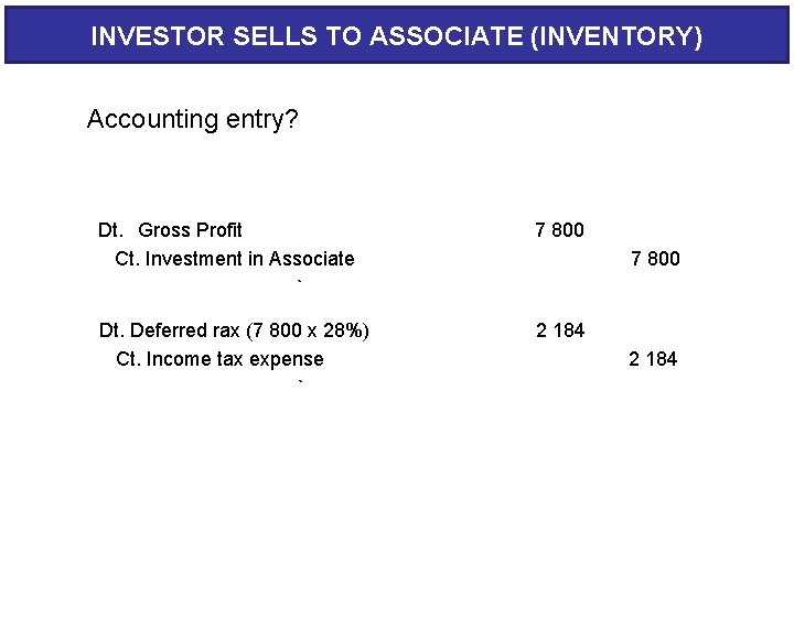 INVESTOR SELLS TO ASSOCIATE (INVENTORY) Accounting entry? Dt. Gross Profit Ct. Investment in Associate