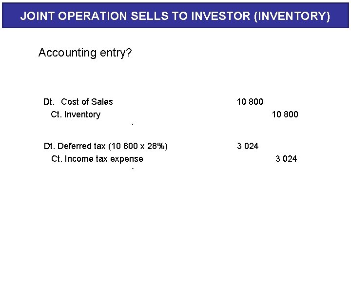 JOINT OPERATION SELLS TO INVESTOR (INVENTORY) Accounting entry? Dt. Cost of Sales Ct. Inventory