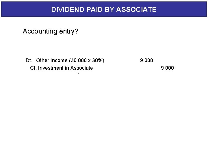 DIVIDEND PAID BY ASSOCIATE Accounting entry? Dt. Other Income (30 000 x 30%) Ct.