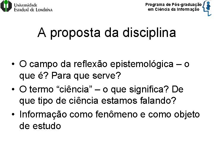 Programa de Pós-graduação em Ciência da Informação A proposta da disciplina • O campo