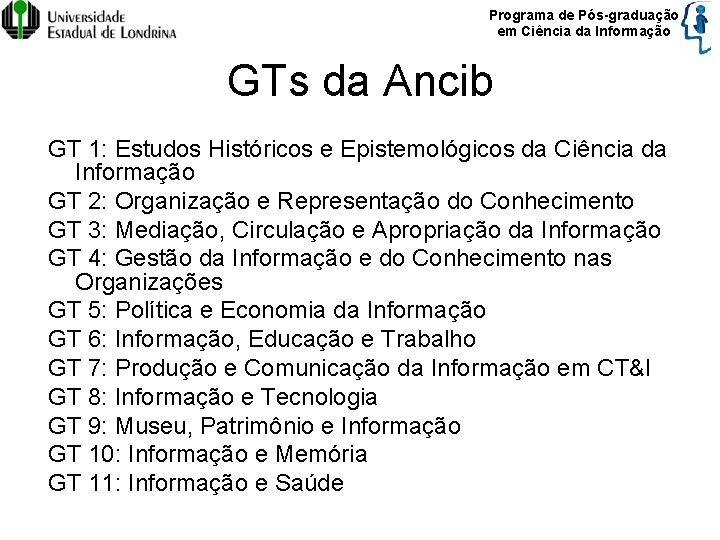 Programa de Pós-graduação em Ciência da Informação GTs da Ancib GT 1: Estudos Históricos