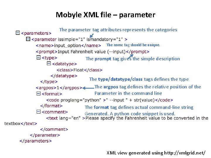 Mobyle XML file – parameter The parameter tag attributes represents the categories The name