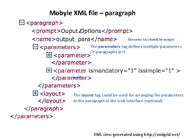 Mobyle XML file – paragraph The name tag should be unique. The parameters tag