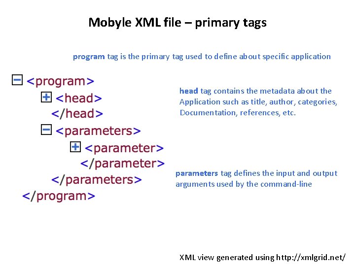 Mobyle XML file – primary tags program tag is the primary tag used to