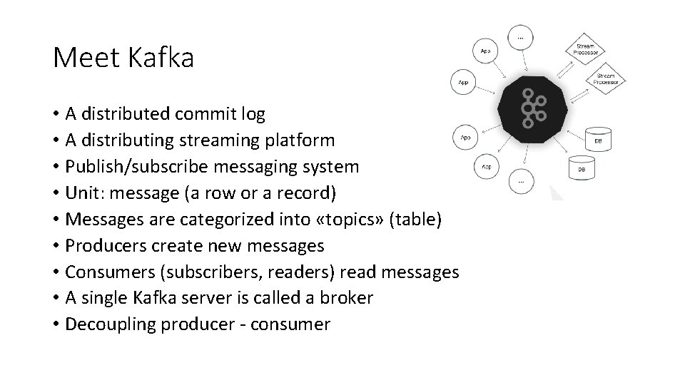 Meet Kafka • A distributed commit log • A distributing streaming platform • Publish/subscribe