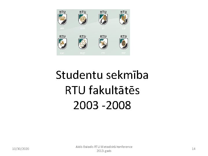 Studentu sekmība RTU fakultātēs 2003 -2008 10/30/2020 Aldis Balodis RTU Metodiskā konference 2013. gads