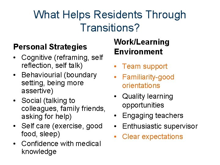 What Helps Residents Through Transitions? Personal Strategies • Cognitive (reframing, self reflection, self talk)