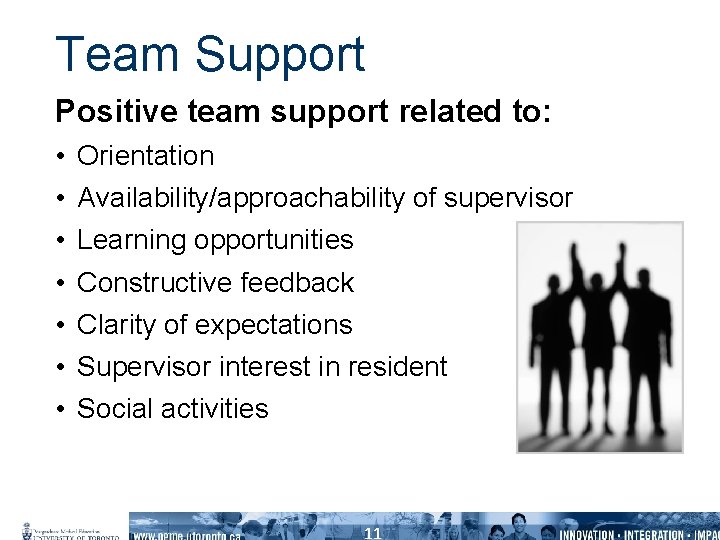 Team Support Positive team support related to: • • Orientation Availability/approachability of supervisor Learning