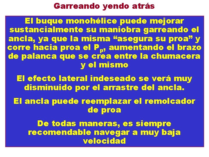 Garreando yendo atrás El buque monohélice puede mejorar sustancialmente su maniobra garreando el ancla,