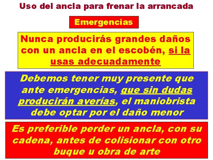 Uso del ancla para frenar la arrancada Emergencias Nunca producirás grandes daños con un