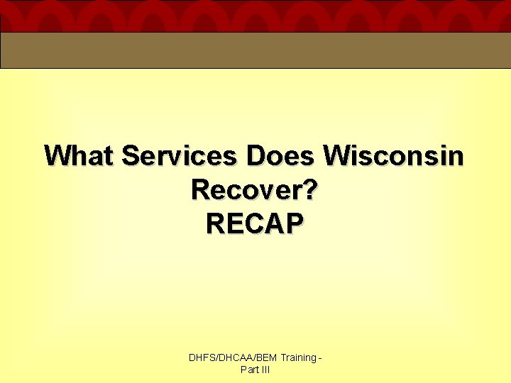 What Services Does Wisconsin Recover? RECAP DHFS/DHCAA/BEM Training Part III What Services Does Wisconsin Recover? RECAP DHFS/DHCAA/BEM Training Part III