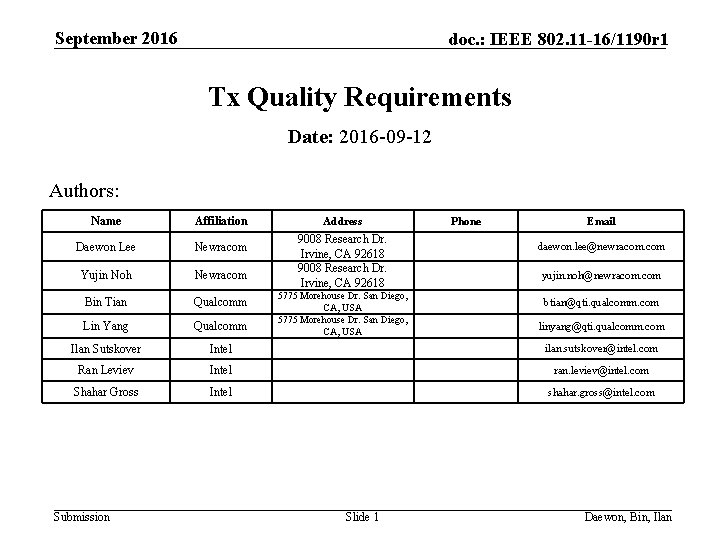 September 2016 doc. : IEEE 802. 11 -16/1190 r 1 Tx Quality Requirements Date: