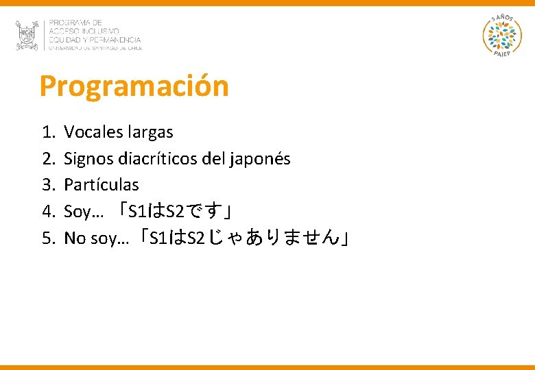 Programación 1. 2. 3. 4. 5. Vocales largas Signos diacríticos del japonés Partículas Soy…