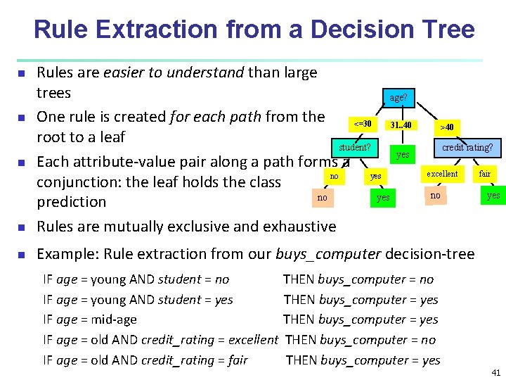 Rule Extraction from a Decision Tree n Rules are easier to understand than large